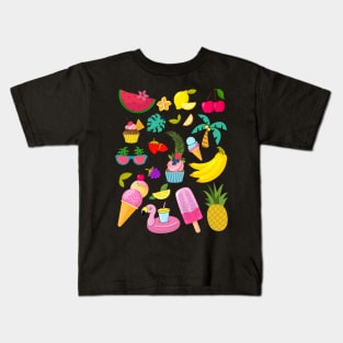 Summer Torpical Fruits Leaves Flamingo Ice Cream Lover Kids T-Shirt